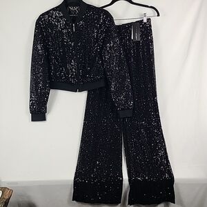 NEW 2-Piece Marc Cain Luxury Black Sequin Jacket & WL Pant Size N1, US 32"
